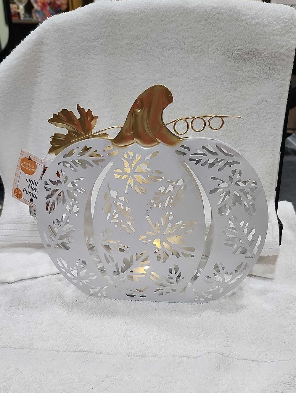 WHITE & GOLD DECORATIVE METAL PUMPKIN LIGHT-UP TABLE LANTERN